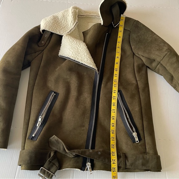 J.O.A. Olive Bomber Jacket withShearling Collar Faux Suede Sherpa Moto Cabincore - Picture 13 of 14